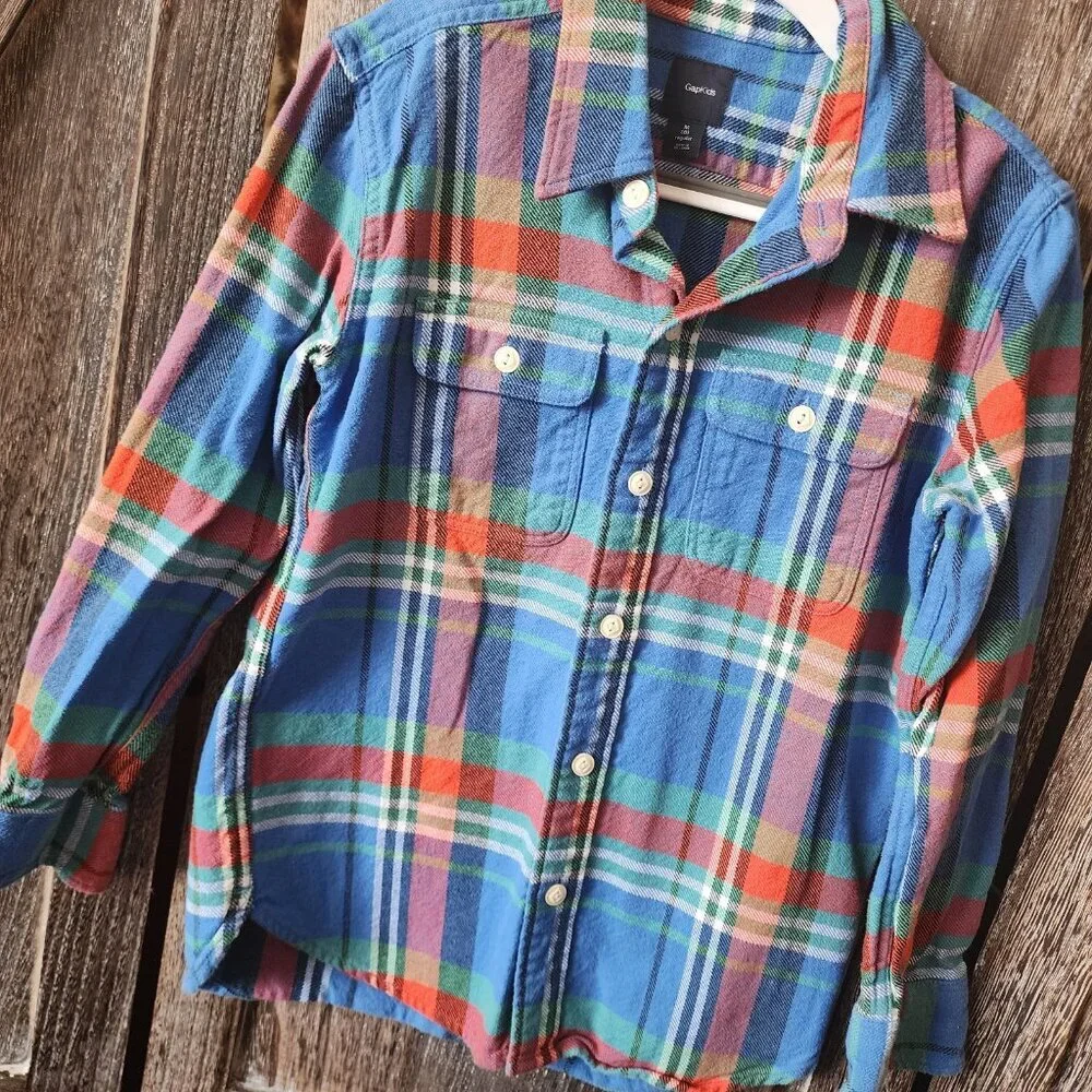 GapKids Blue Plaid Button-up Long Sleeve Heavyweight Flannel Shirt Size 8 Medium